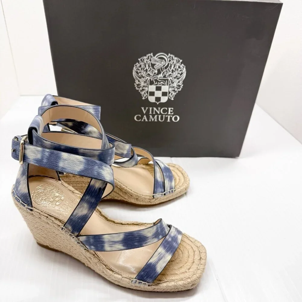 Vince Camuto Espadrille Wedge Sandals Blue Watercolor Leather Ankle Strap 6